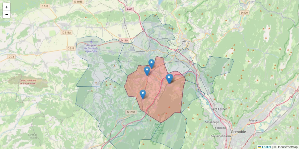 Carte de la zone du code postal  et des codes postaux voisins en France