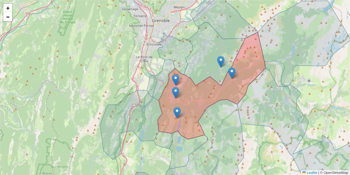 Carte de la zone du code postal  et des codes postaux voisins en France