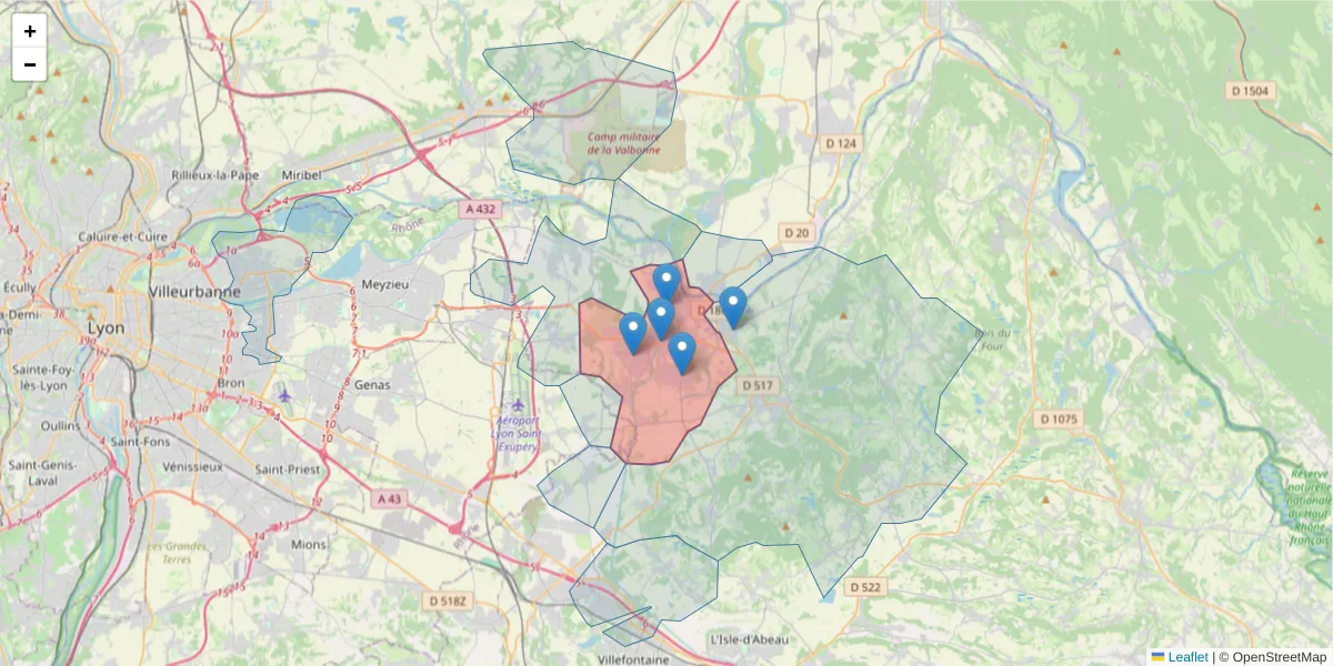 Carte de la zone du code postal  et des codes postaux voisins en France