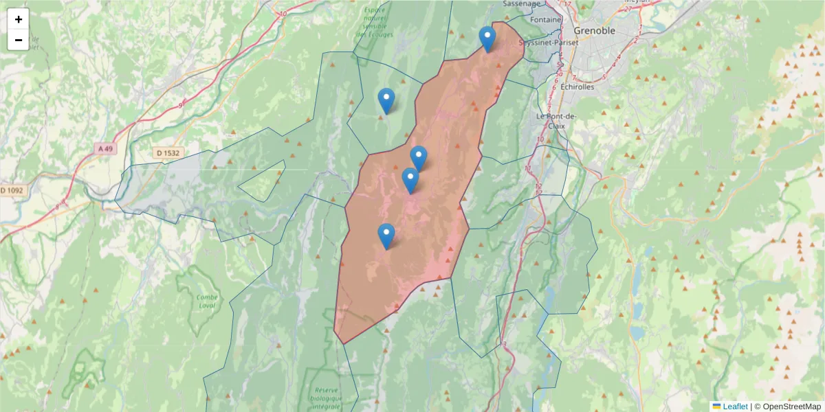 Carte de la zone du code postal  et des codes postaux voisins en France