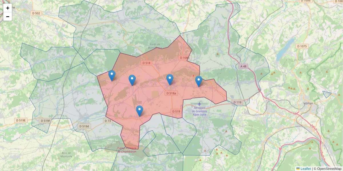 Carte de la zone du code postal  et des codes postaux voisins en France