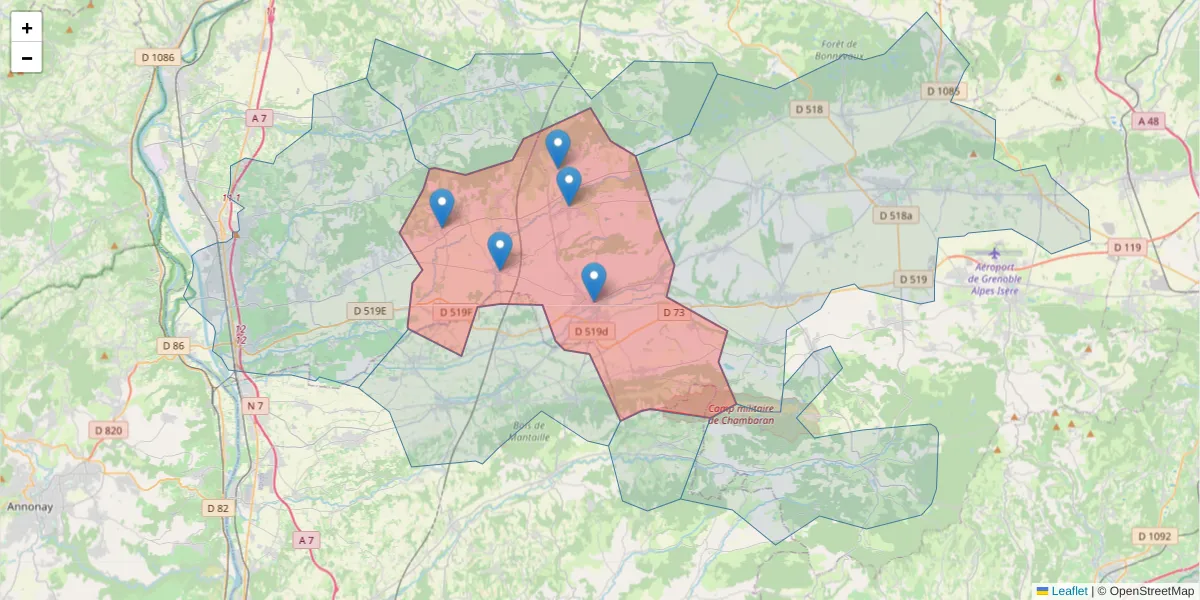 Carte de la zone du code postal  et des codes postaux voisins en France