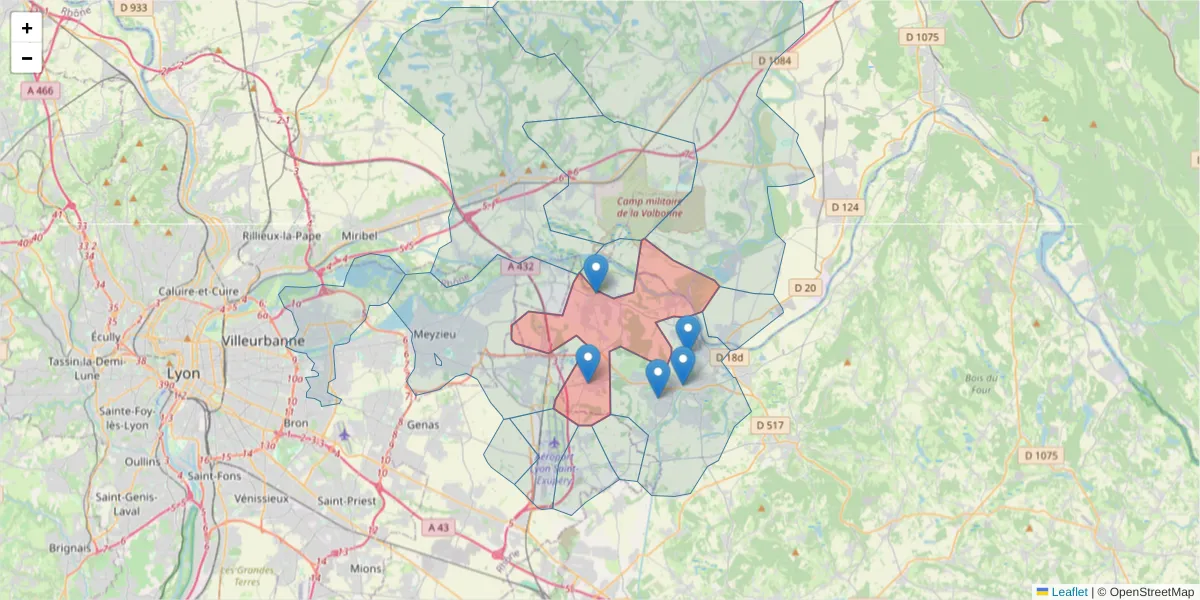 Carte de la zone du code postal  et des codes postaux voisins en France