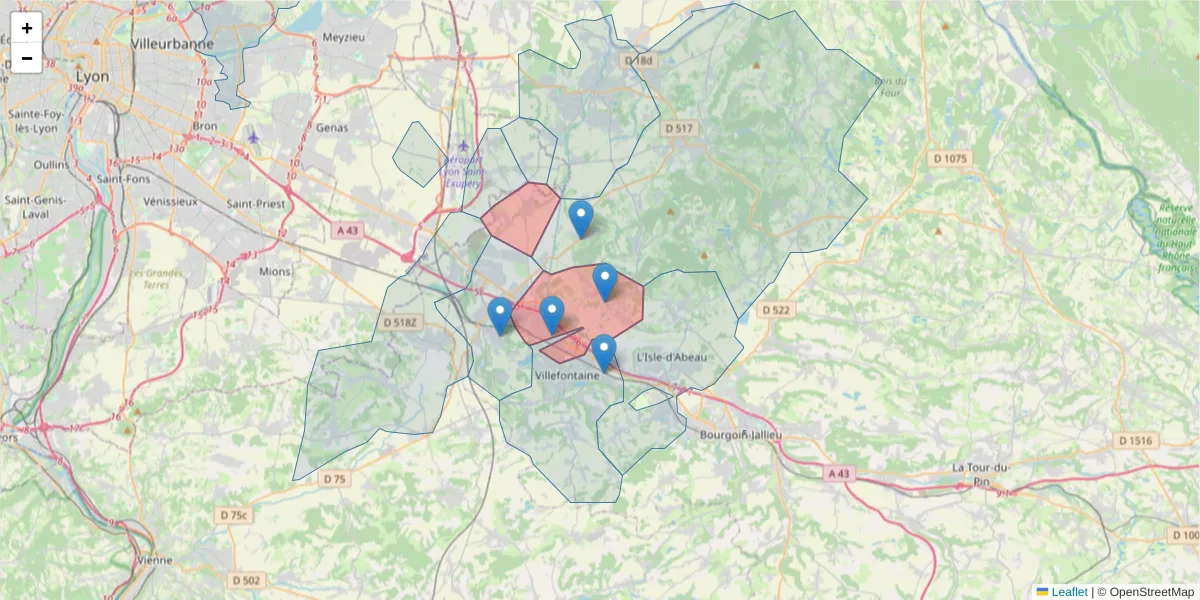 Carte de la zone du code postal  et des codes postaux voisins en France