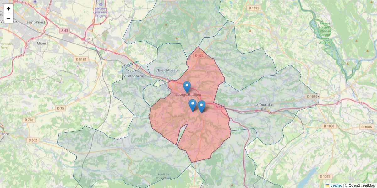 Carte de la zone du code postal  et des codes postaux voisins en France