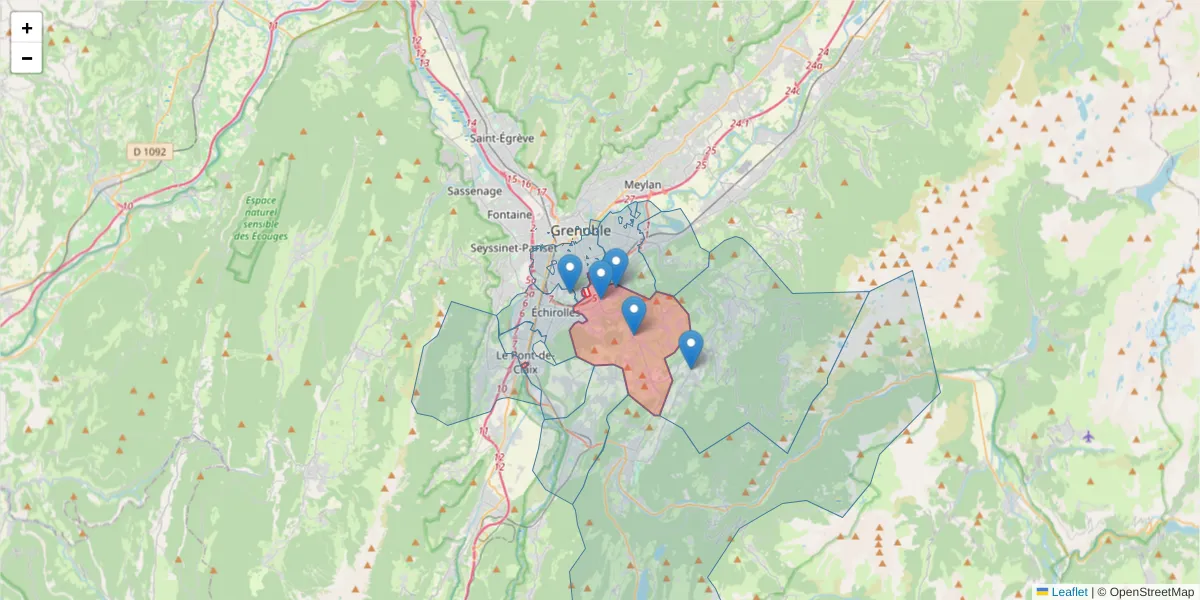 Carte de la zone du code postal  et des codes postaux voisins en France