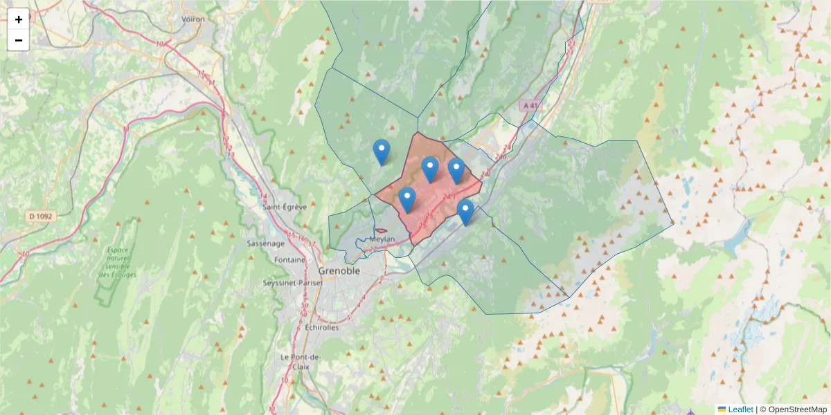 Carte de la zone du code postal  et des codes postaux voisins en France