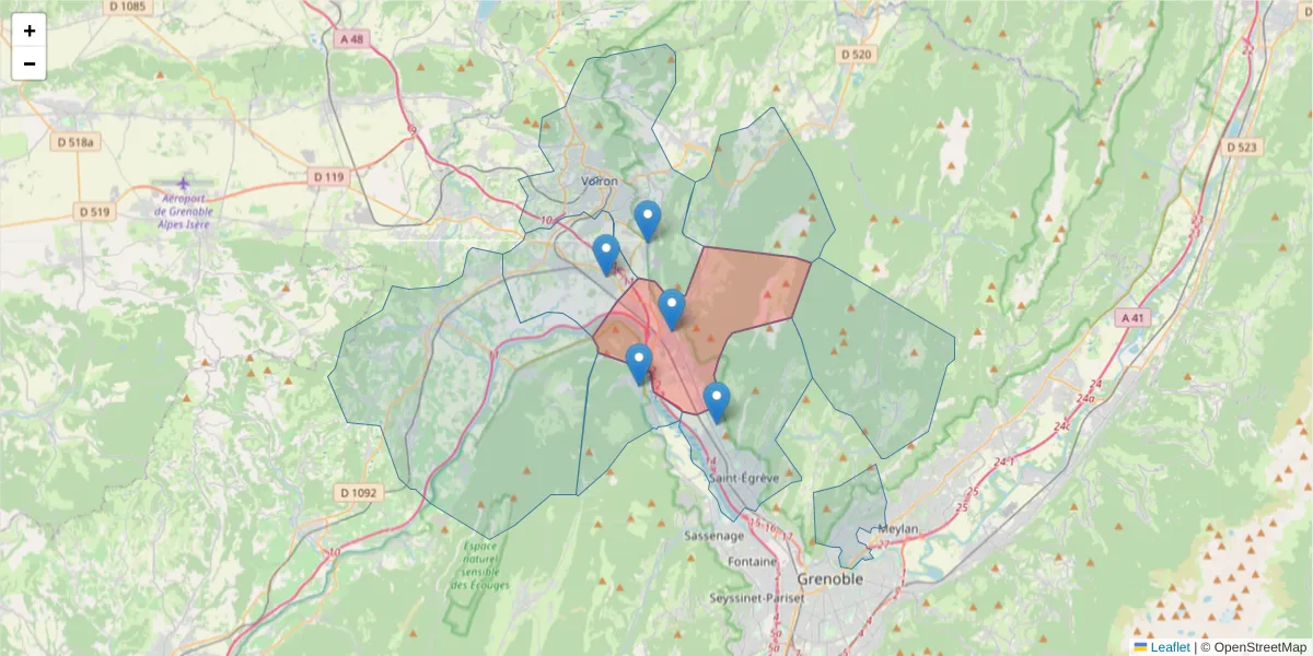 Carte de la zone du code postal  et des codes postaux voisins en France