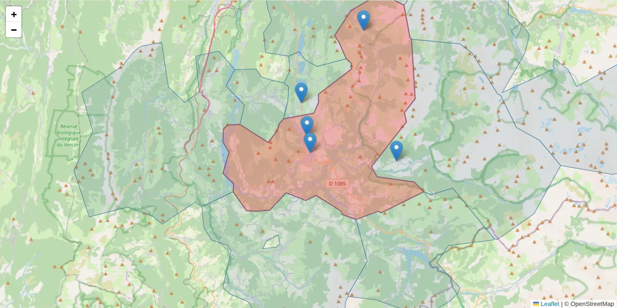 Carte de la zone du code postal  et des codes postaux voisins en France