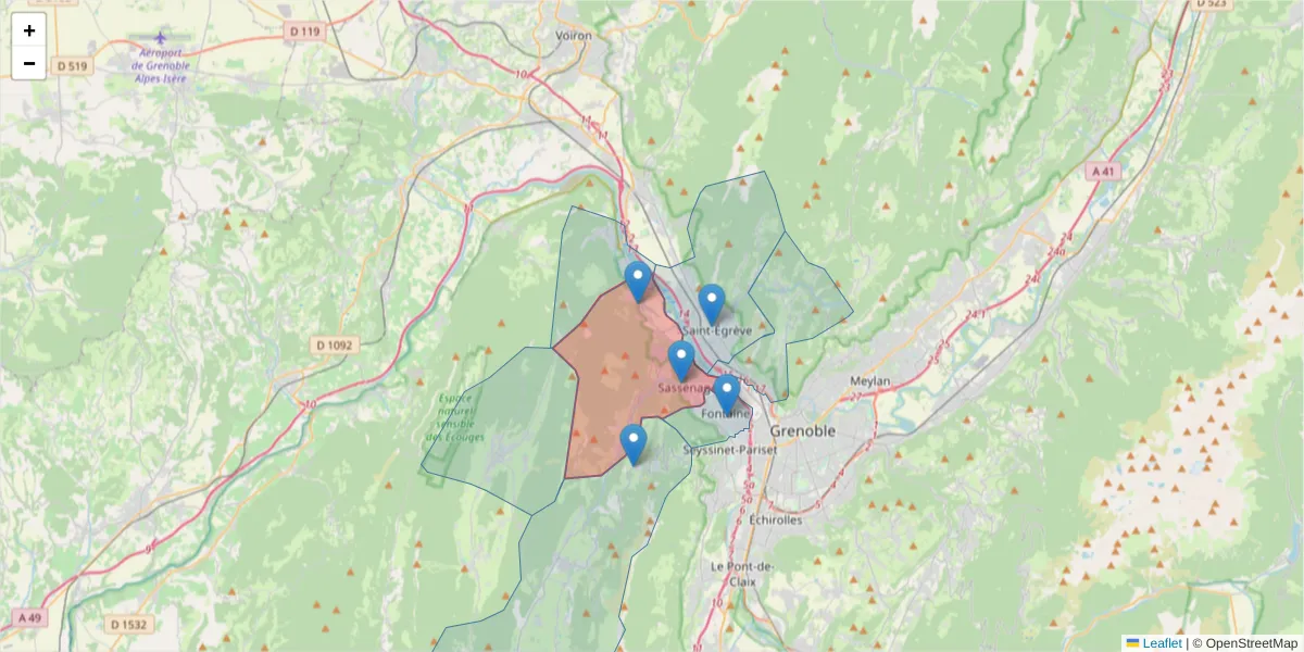 Carte de la zone du code postal  et des codes postaux voisins en France