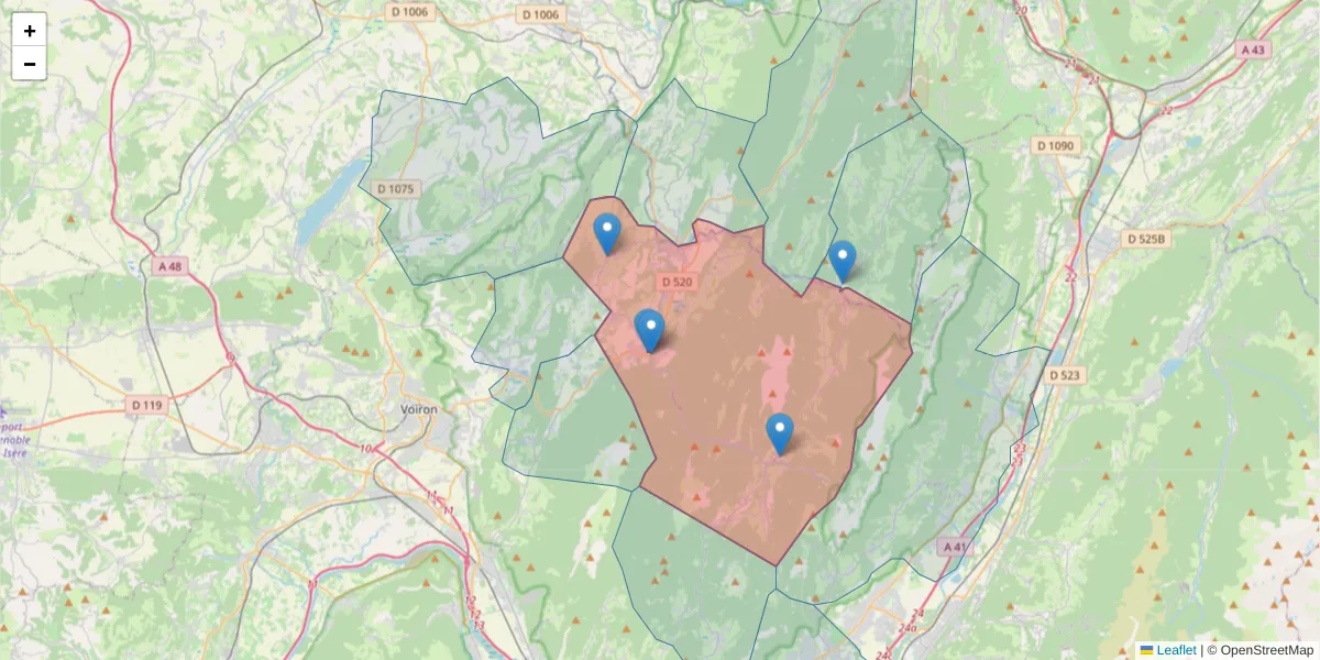 Carte de la zone du code postal  et des codes postaux voisins en France