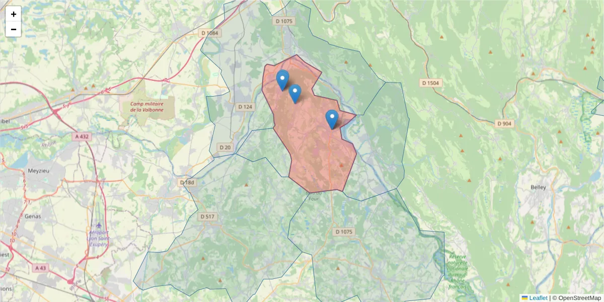 Carte de la zone du code postal  et des codes postaux voisins en France
