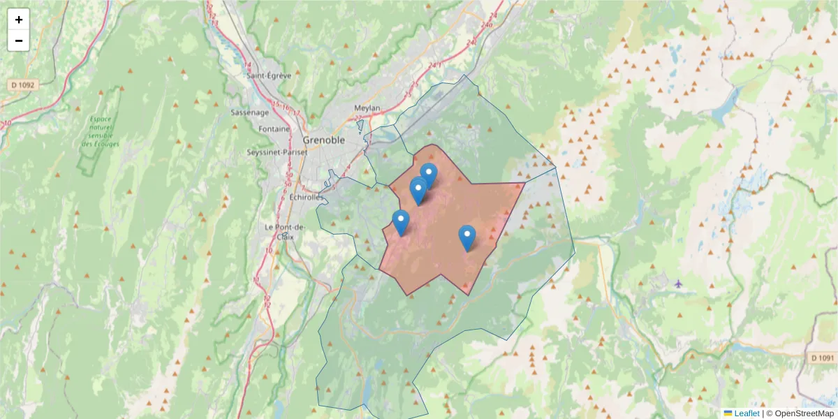 Carte de la zone du code postal  et des codes postaux voisins en France