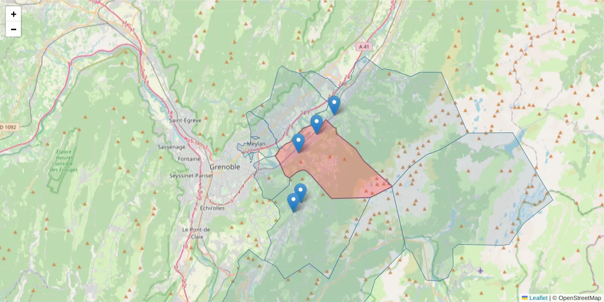 Carte de la zone du code postal  et des codes postaux voisins en France