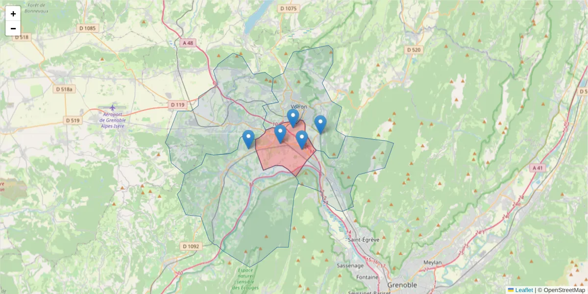 Carte de la zone du code postal  et des codes postaux voisins en France