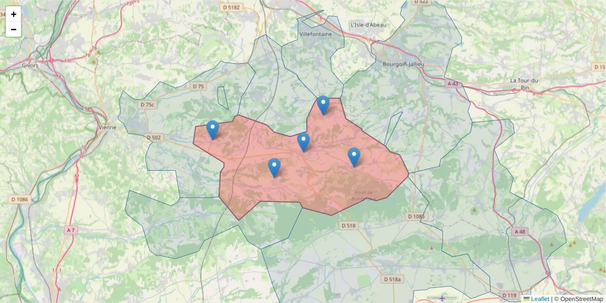 Carte de la zone du code postal  et des codes postaux voisins en France