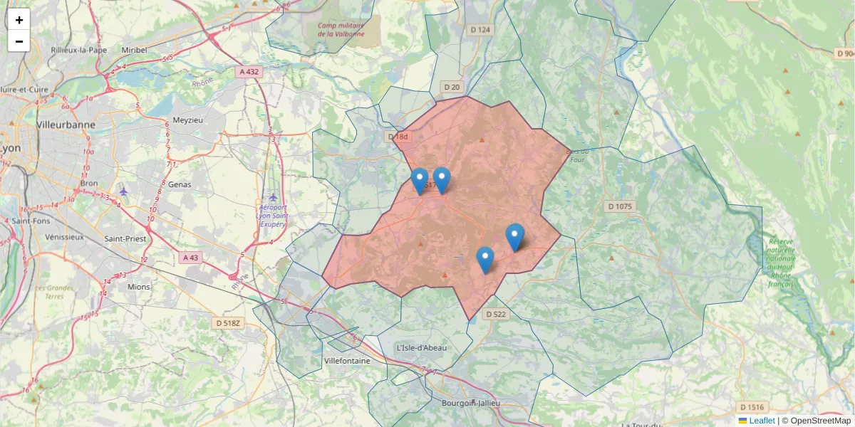 Carte de la zone du code postal  et des codes postaux voisins en France