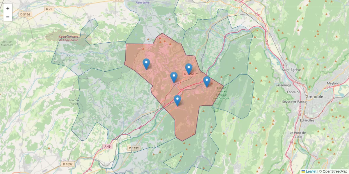 Carte de la zone du code postal  et des codes postaux voisins en France