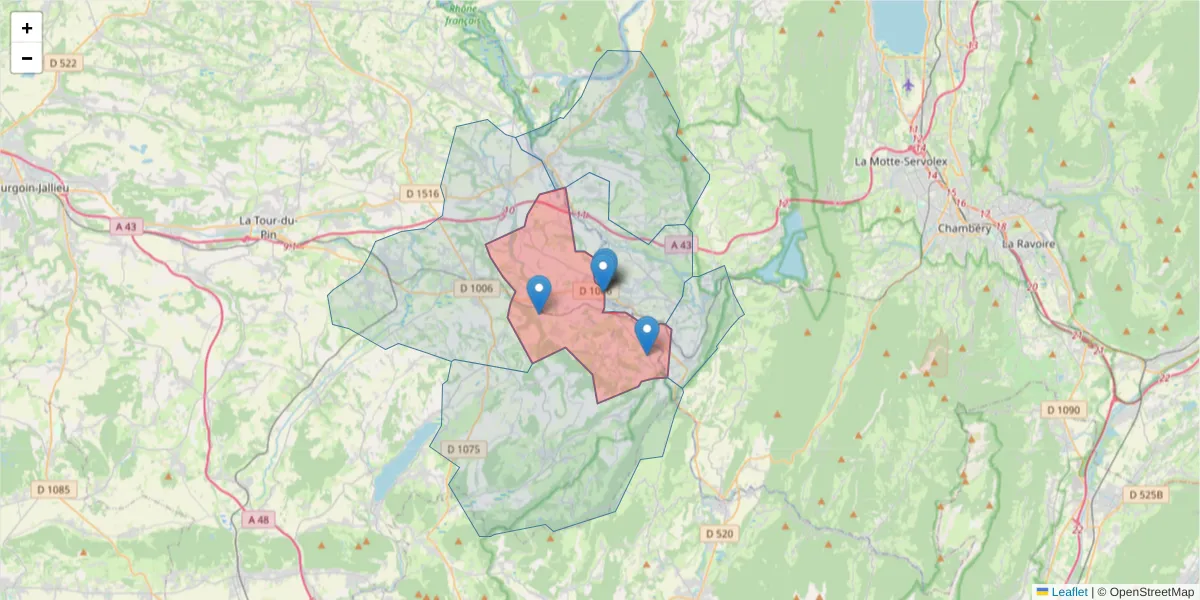 Carte de la zone du code postal  et des codes postaux voisins en France