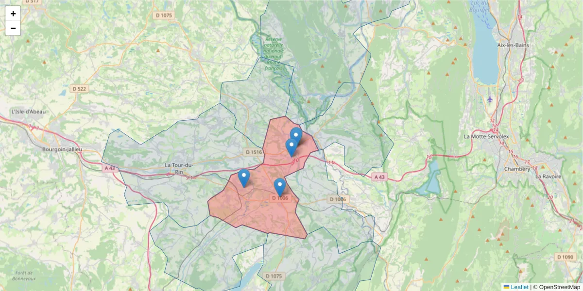 Carte de la zone du code postal  et des codes postaux voisins en France