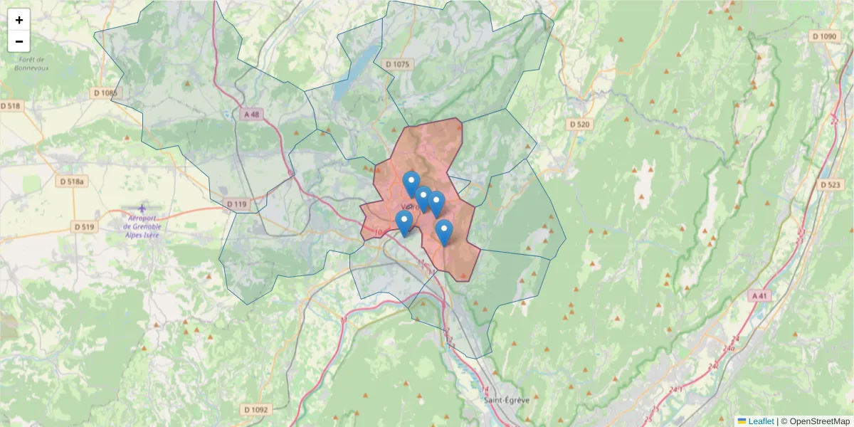 Carte de la zone du code postal  et des codes postaux voisins en France