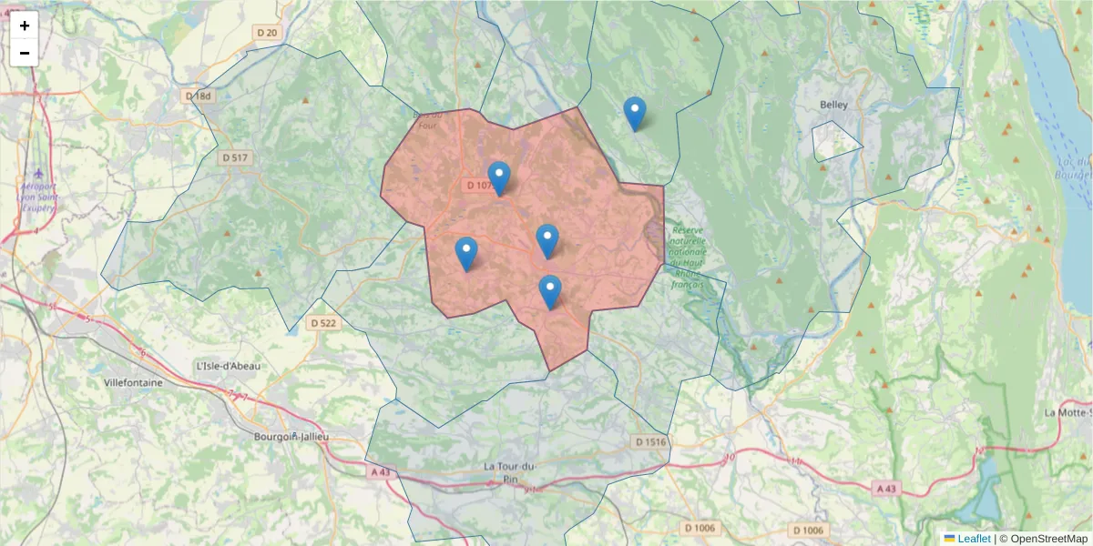 Carte de la zone du code postal  et des codes postaux voisins en France