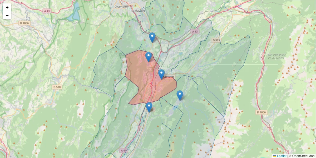 Carte de la zone du code postal  et des codes postaux voisins en France