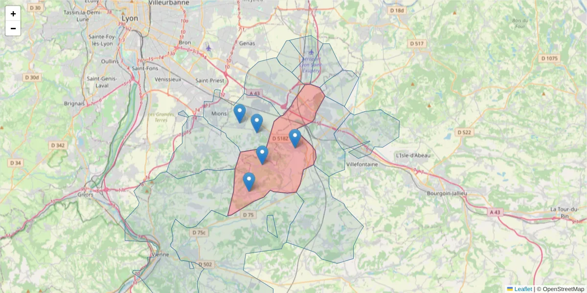 Carte de la zone du code postal  et des codes postaux voisins en France