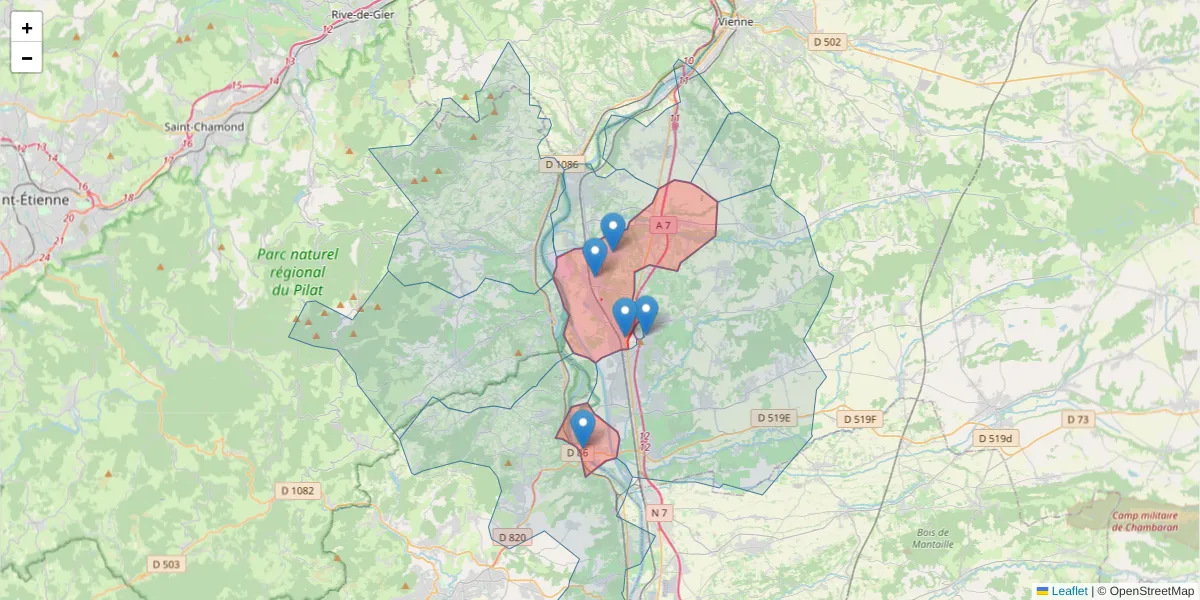 Carte de la zone du code postal  et des codes postaux voisins en France
