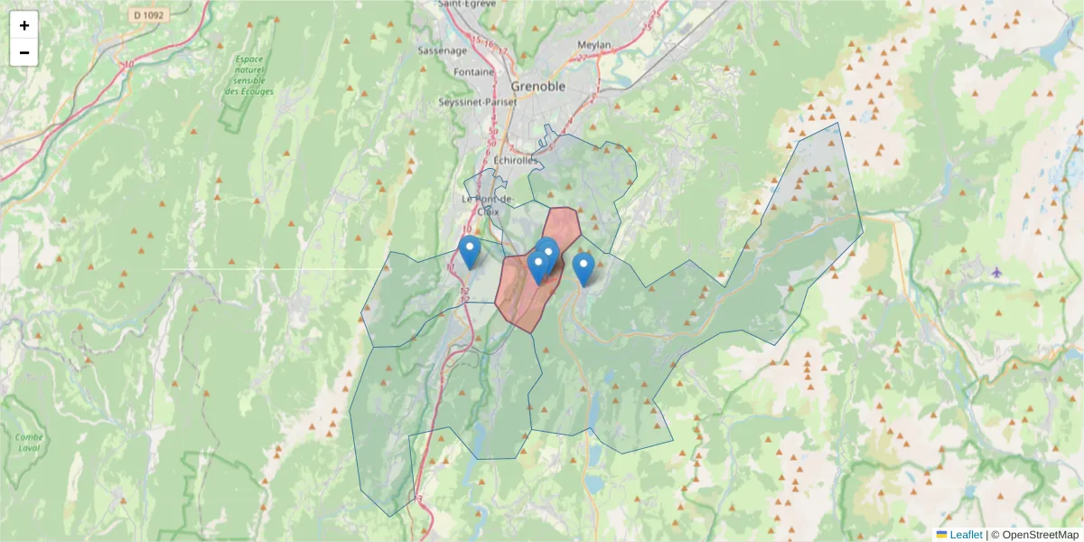 Carte de la zone du code postal  et des codes postaux voisins en France