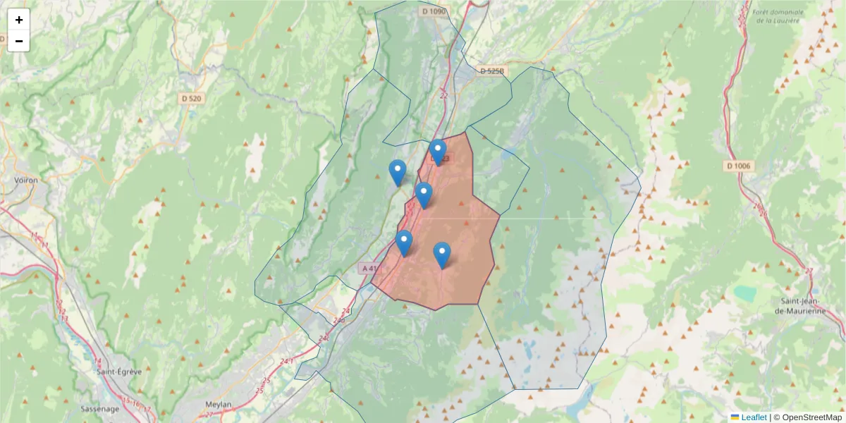 Carte de la zone du code postal  et des codes postaux voisins en France