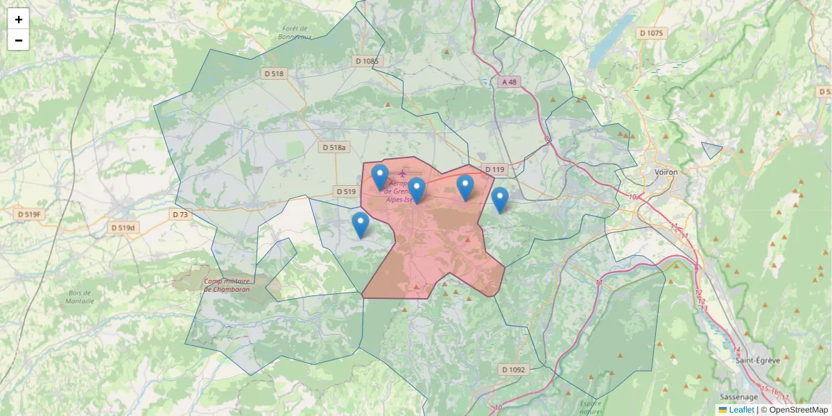 Carte de la zone du code postal  et des codes postaux voisins en France