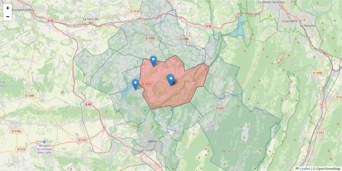 Carte de la zone du code postal  et des codes postaux voisins en France