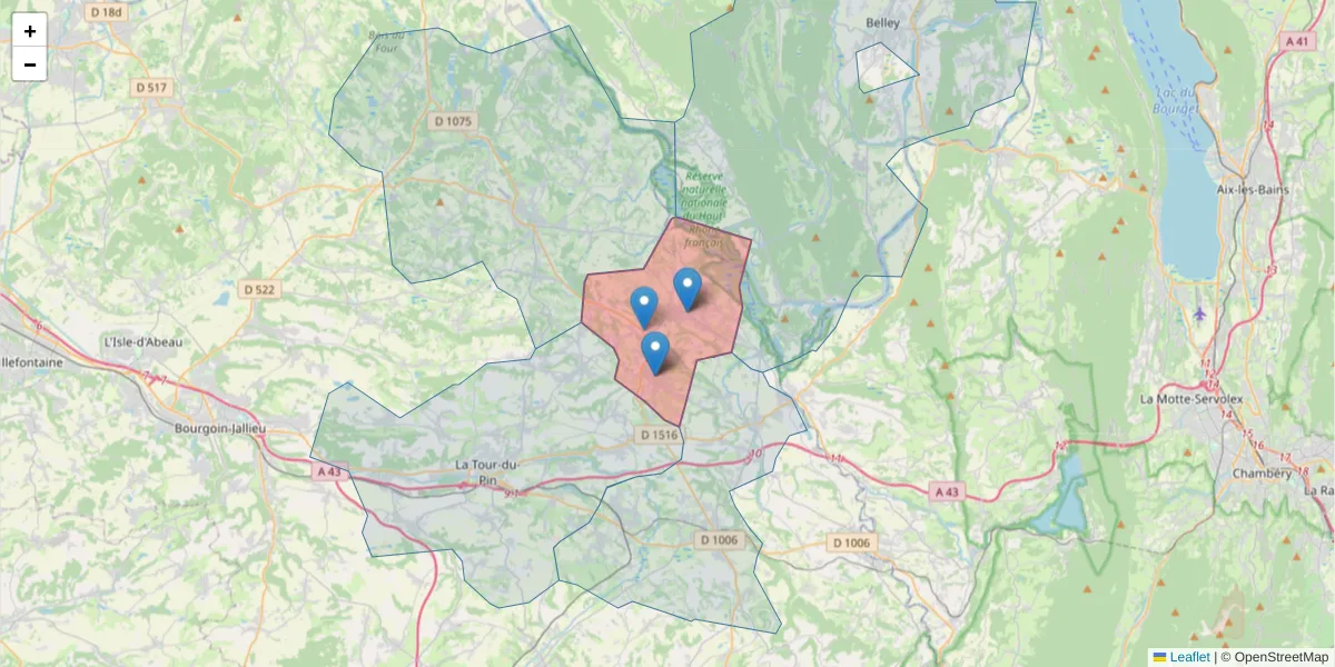 Carte de la zone du code postal  et des codes postaux voisins en France