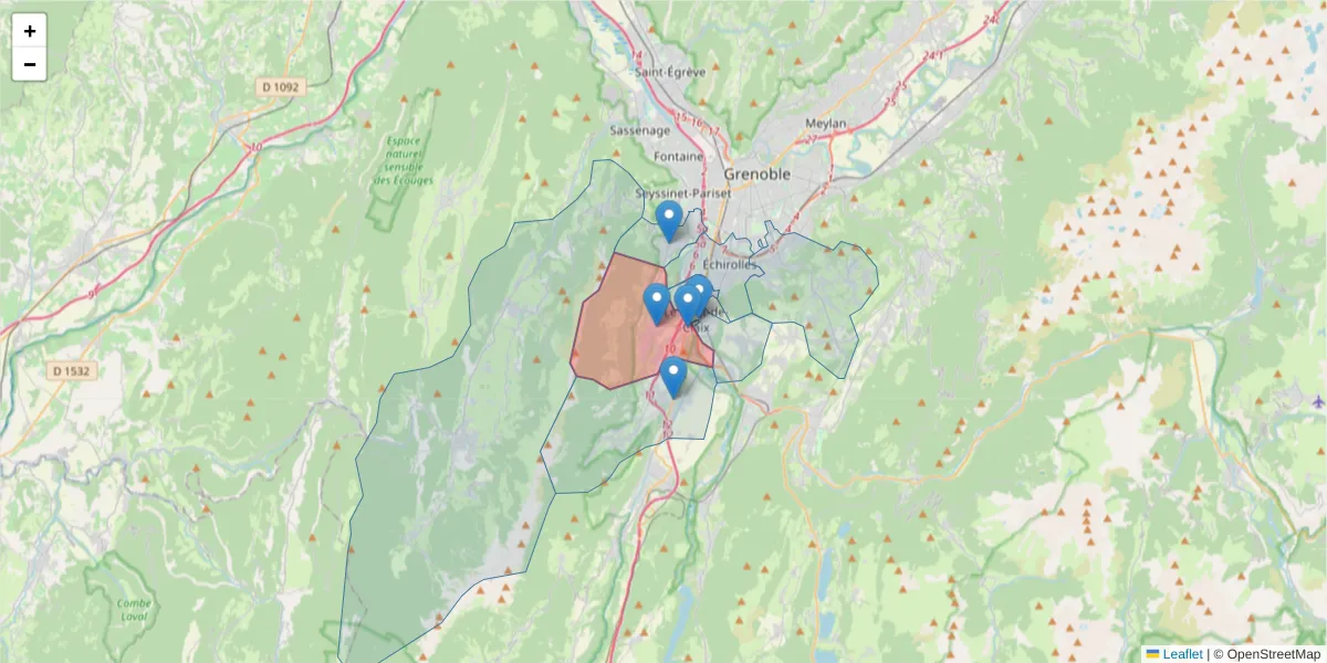 Carte de la zone du code postal  et des codes postaux voisins en France