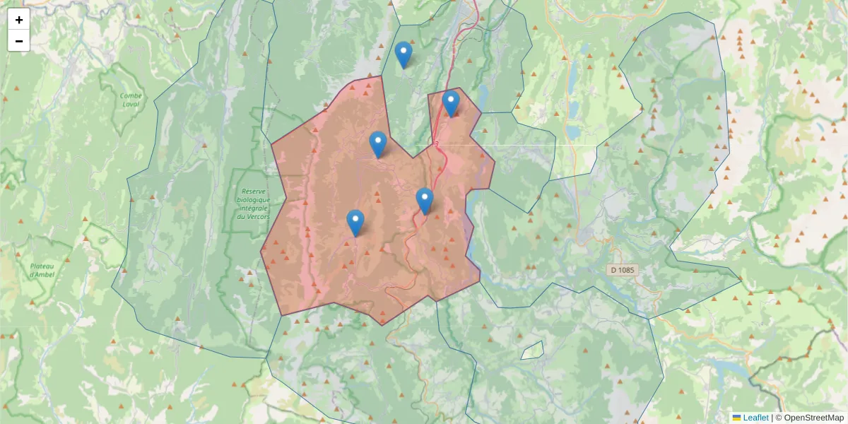 Carte de la zone du code postal  et des codes postaux voisins en France
