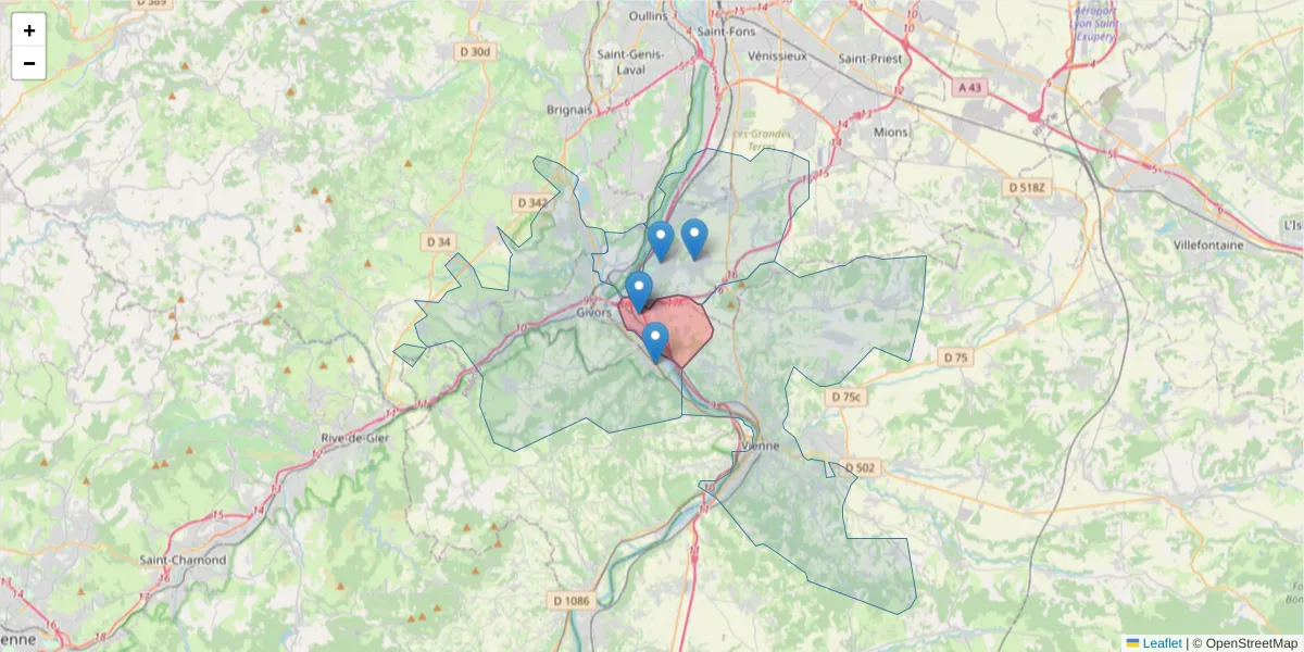 Carte de la zone du code postal  et des codes postaux voisins en France