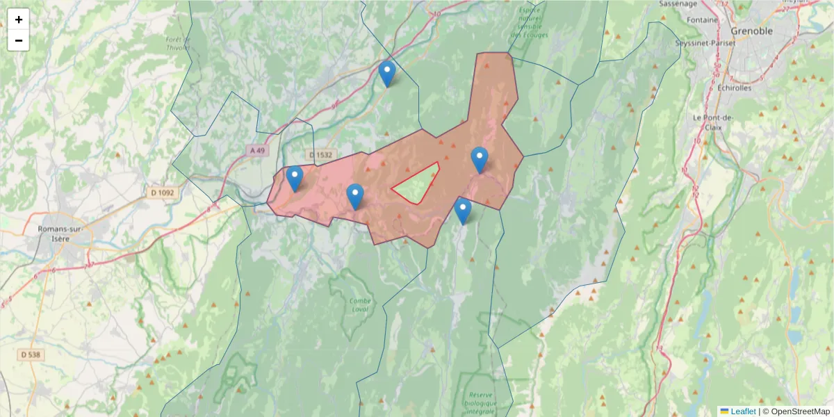 Carte de la zone du code postal  et des codes postaux voisins en France
