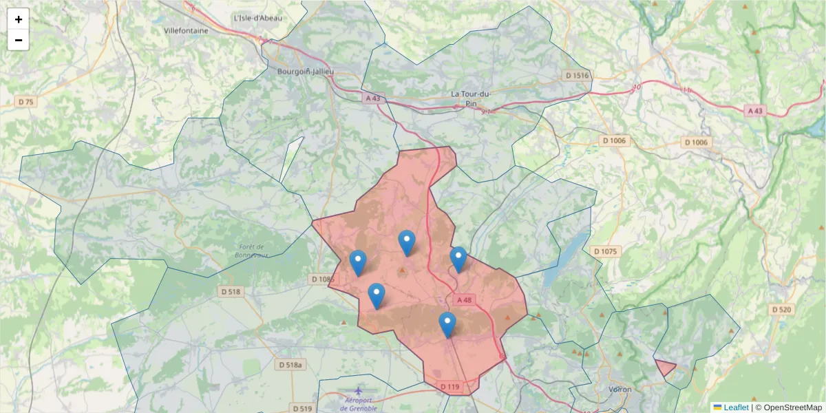 Carte de la zone du code postal  et des codes postaux voisins en France