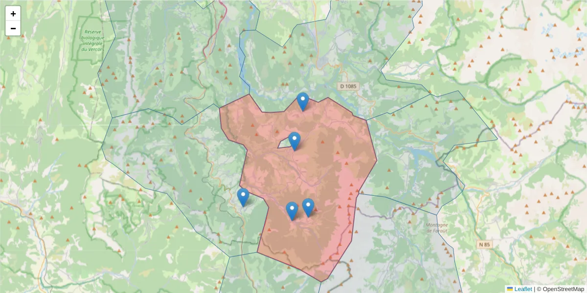 Carte de la zone du code postal  et des codes postaux voisins en France