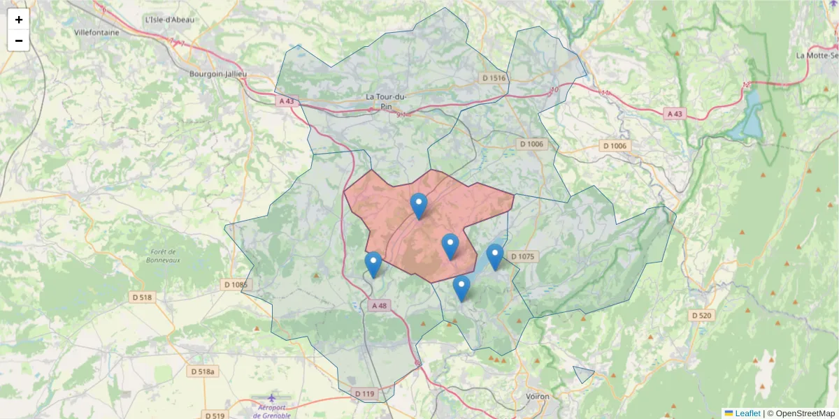 Carte de la zone du code postal  et des codes postaux voisins en France