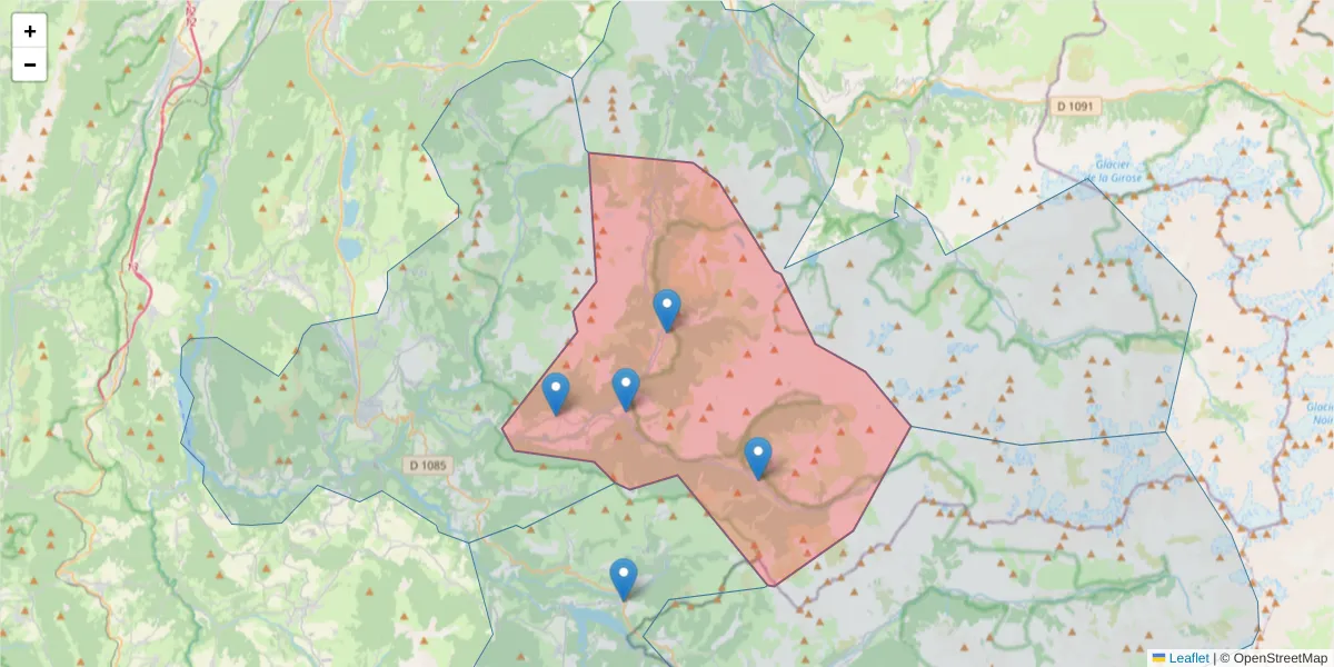Carte de la zone du code postal  et des codes postaux voisins en France