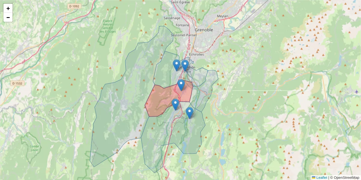 Carte de la zone du code postal  et des codes postaux voisins en France