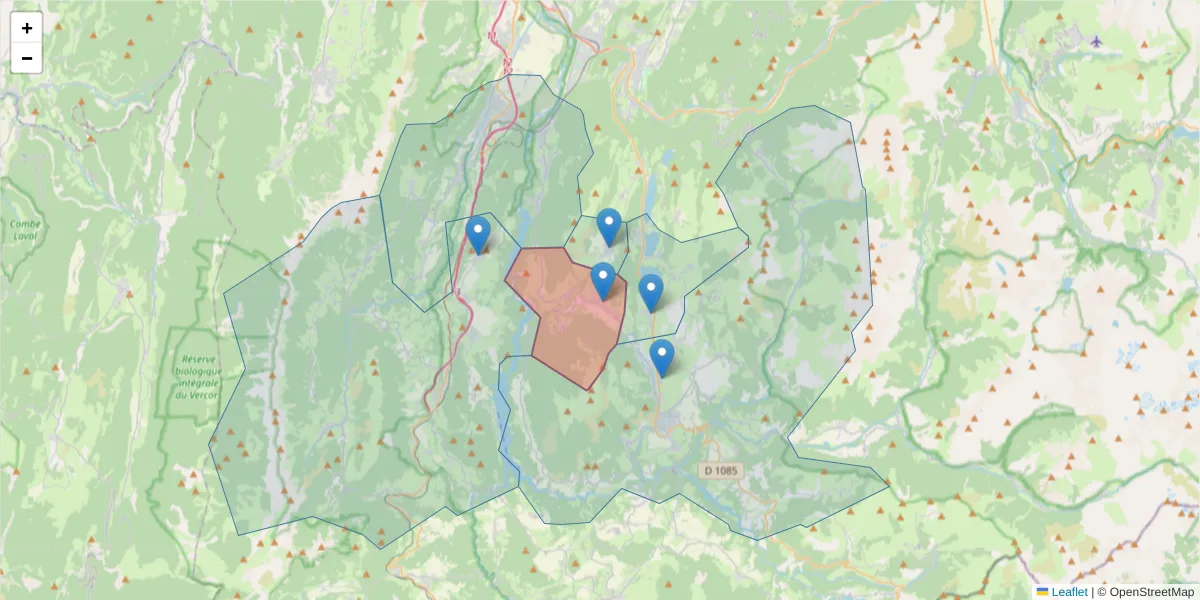 Carte de la zone du code postal  et des codes postaux voisins en France
