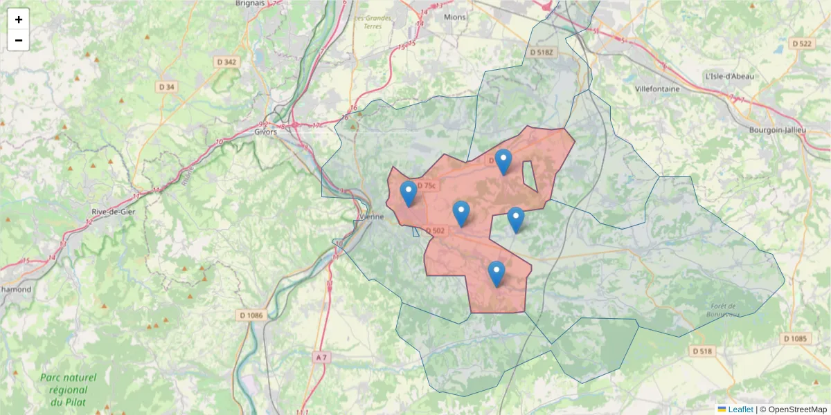 Carte de la zone du code postal  et des codes postaux voisins en France