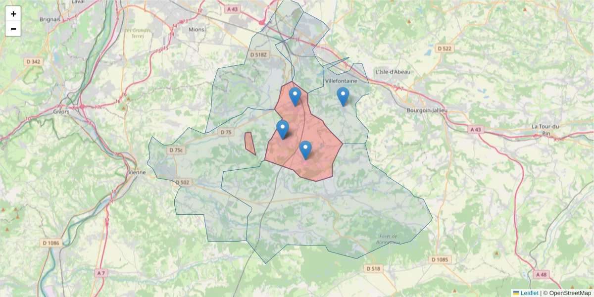 Carte de la zone du code postal  et des codes postaux voisins en France