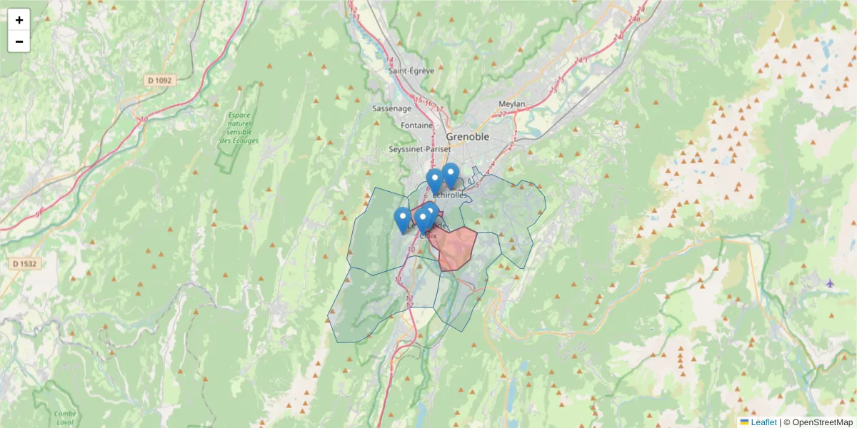 Carte de la zone du code postal  et des codes postaux voisins en France