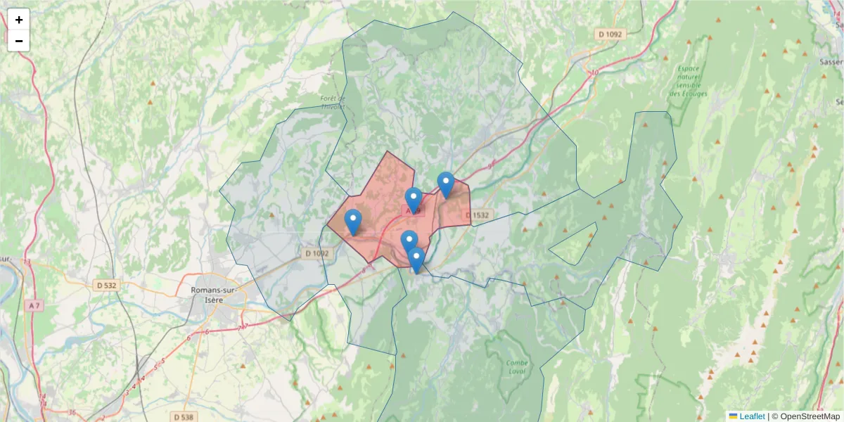 Carte de la zone du code postal  et des codes postaux voisins en France