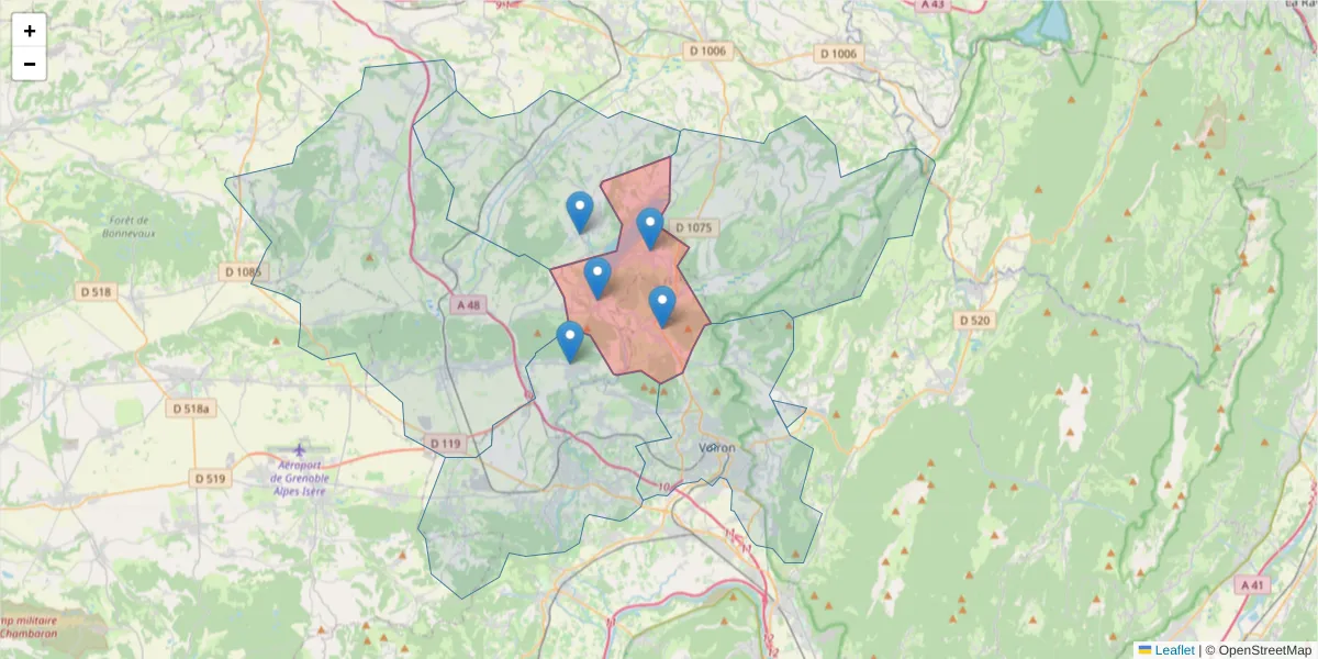 Carte de la zone du code postal  et des codes postaux voisins en France