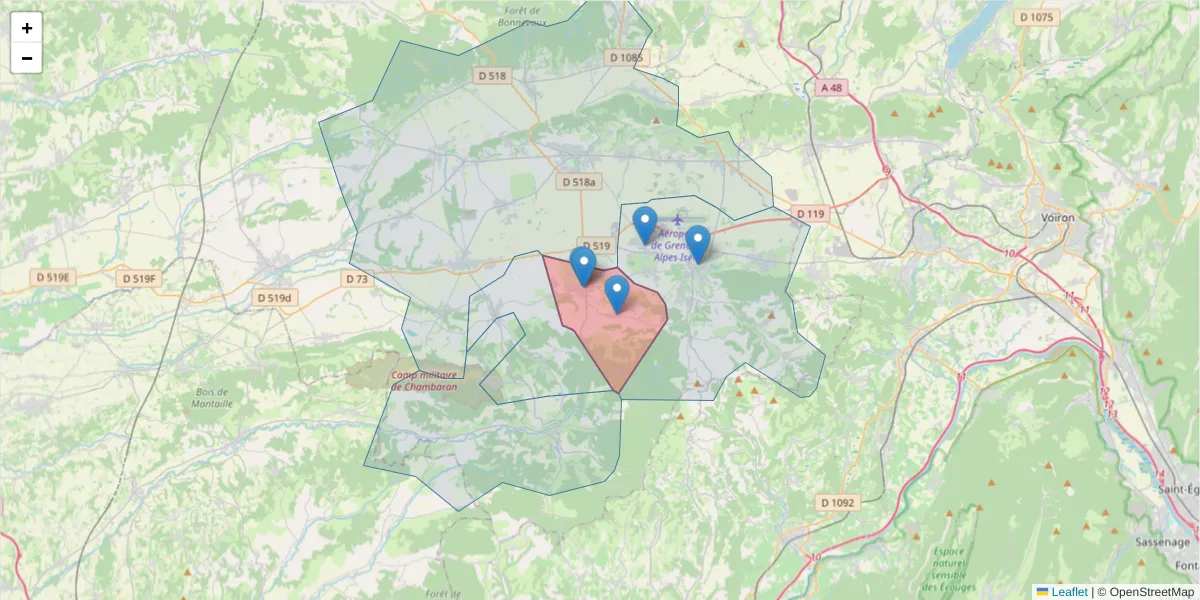 Carte de la zone du code postal  et des codes postaux voisins en France
